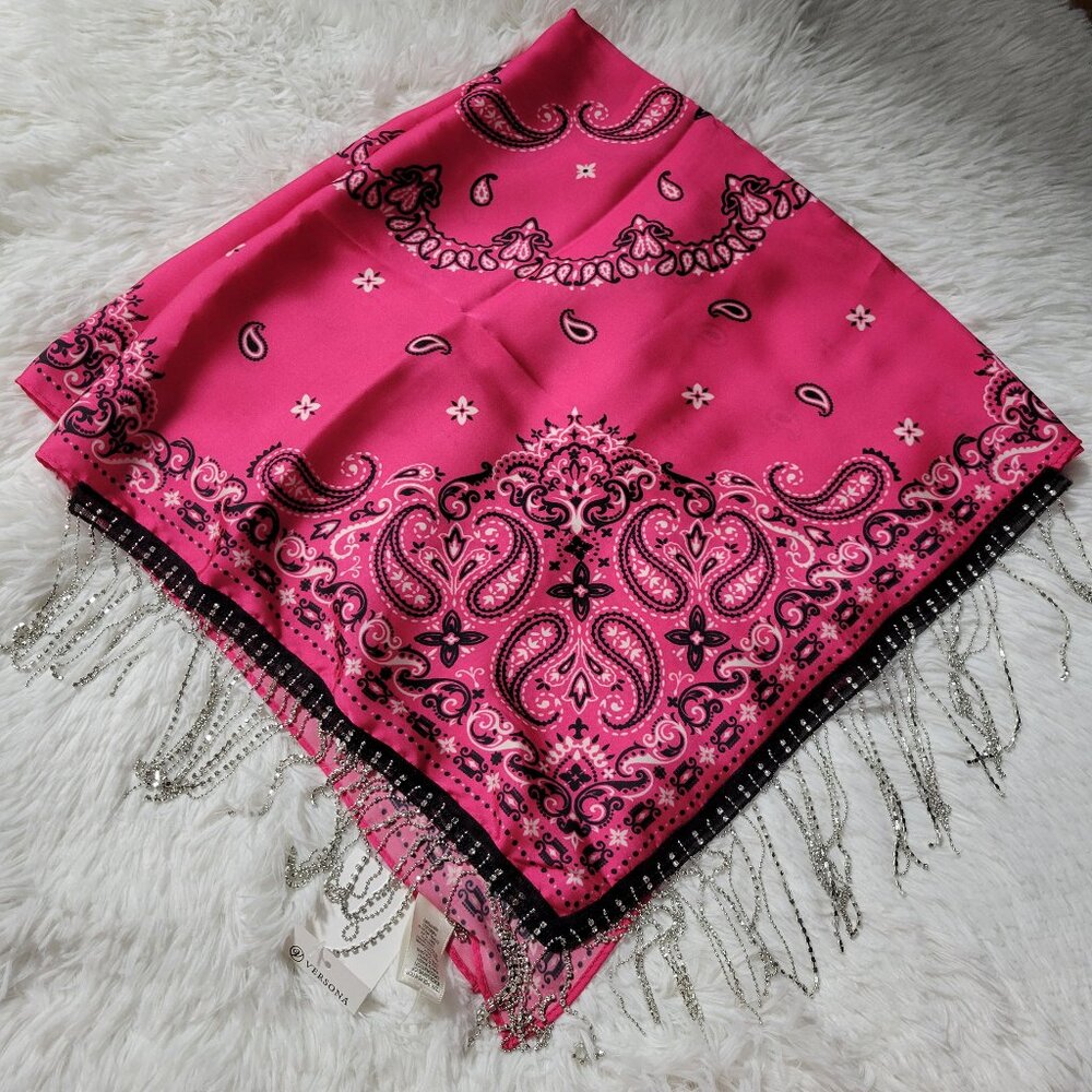 Versona Pink Bandana Scarf with Bling Fringe